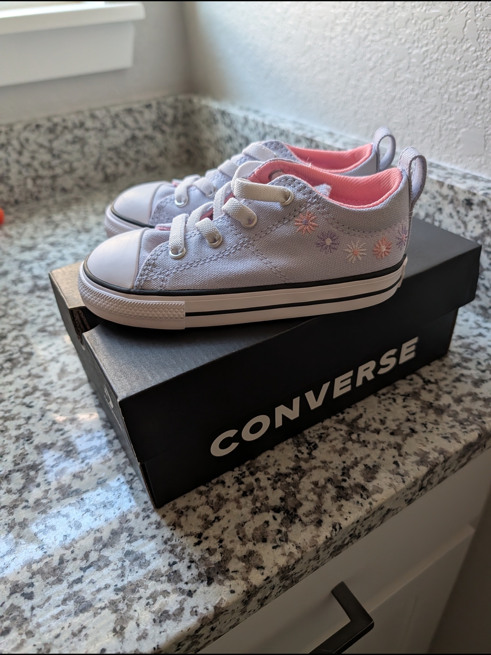 Converse Kids Light Gray Canvas Sneakers with Pink Lining and Daisy Embroidery